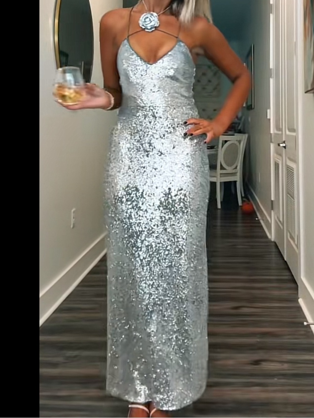 JW PEI Silver Sequin Halter Maxi Dress